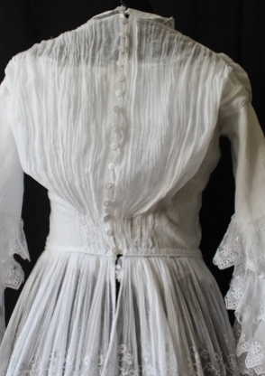 back of the bodice of Edwardian Tiered Multi - Layered Muslin Dress